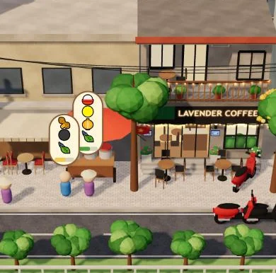 Ảnh chụp màn hình game: xe xôi bên Kênh Bắc, khách xếp hàng với bong bóng đơn hàng, quán Lavender phía sau